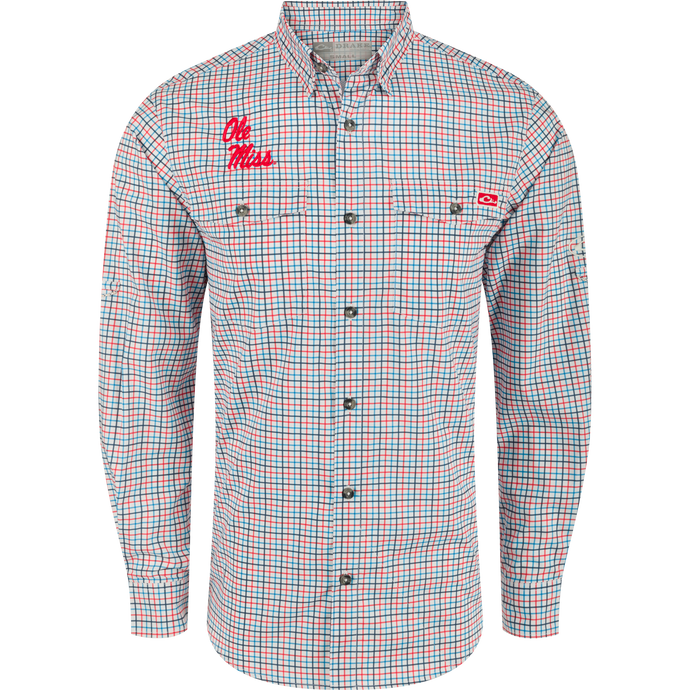 Ole Miss Frat Tattersall Long Sleeve Shirt with logo on lightweight fabric, hidden button-down collar, and adjustable roll-up sleeves.