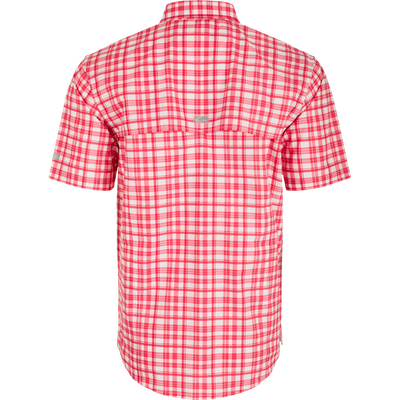 Ole Miss Hunter Creek Windowpane Plaid Short Sleeve Shirt, a lightweight, moisture-wicking, and sun-protective shirt with hidden collar and chest pockets.