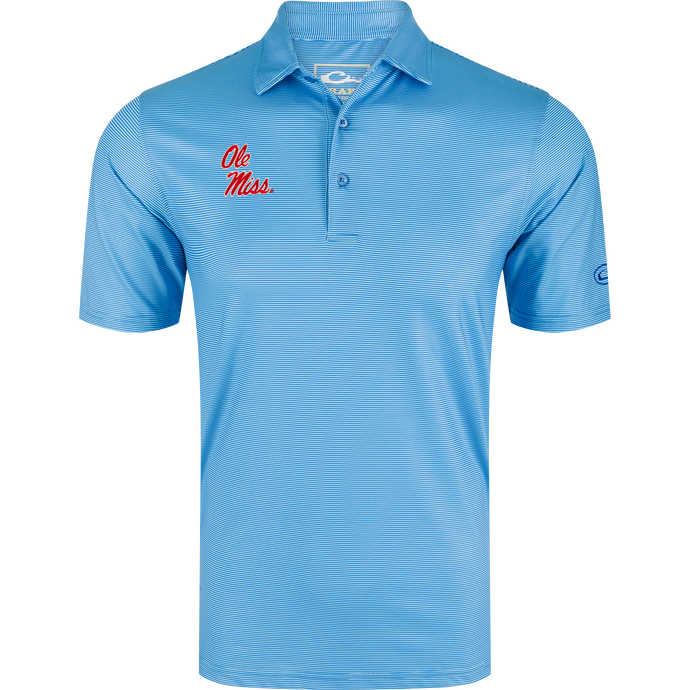 Ole Miss Chalk Stripe Polo with red script logo, three-button placket, and performance fabric, ideal for gameday or office, reflecting Drake Waterfowl's quality.