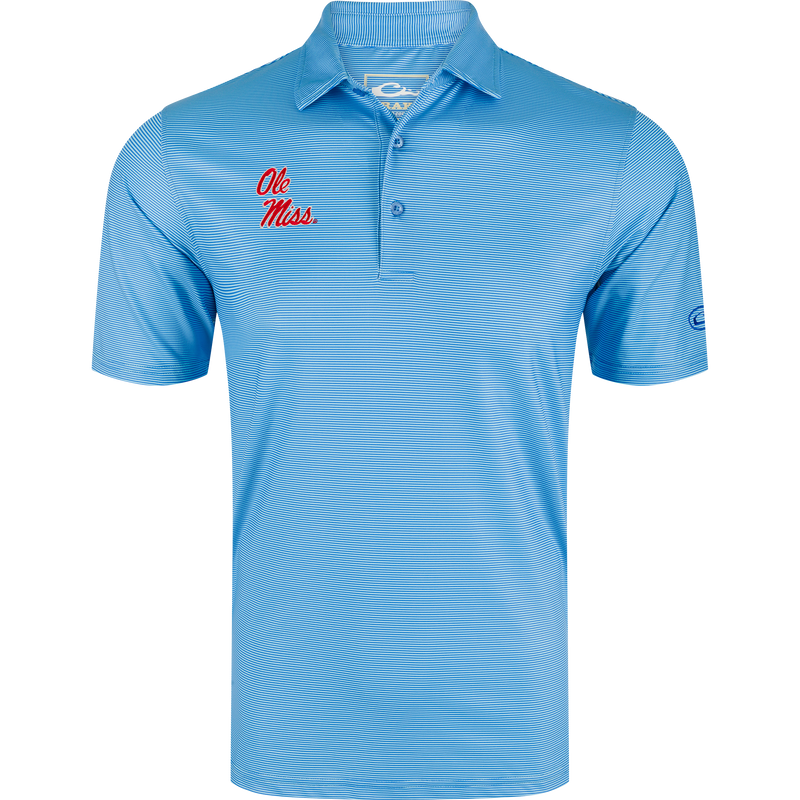 Ole Miss Chalk Stripe Polo with red script logo, three-button placket, and performance fabric, ideal for gameday or office, reflecting Drake Waterfowl's quality.