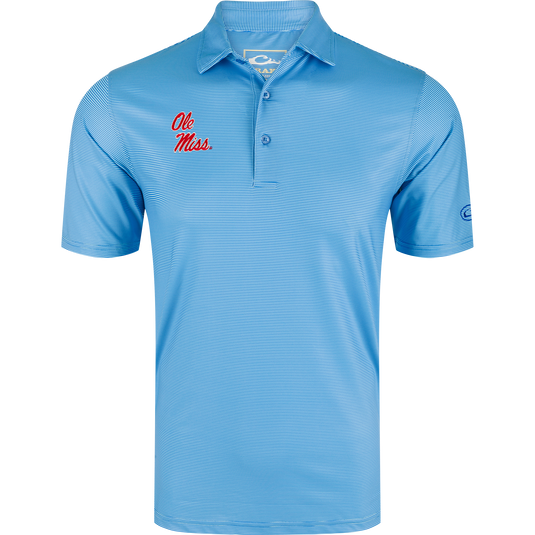 Ole Miss Chalk Stripe Polo with red script logo, three-button placket, and performance fabric, ideal for gameday or office, reflecting Drake Waterfowl's quality.