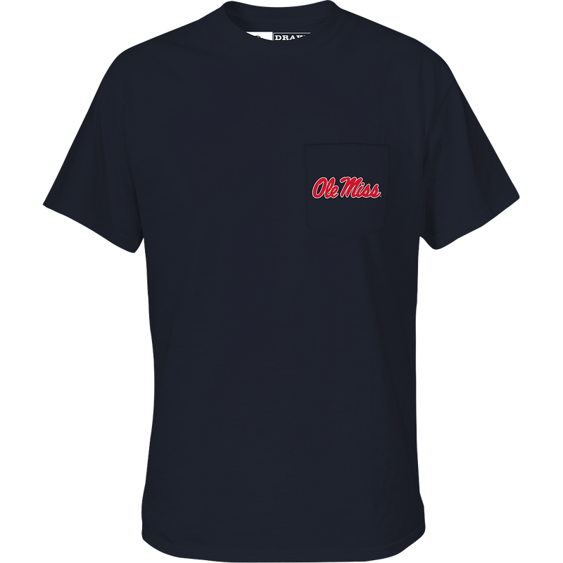 Ole Miss Beach T-Shirt with school logo on chest pocket and beach scene on back. Cotton/poly blend fabric for comfort. Final Sale.