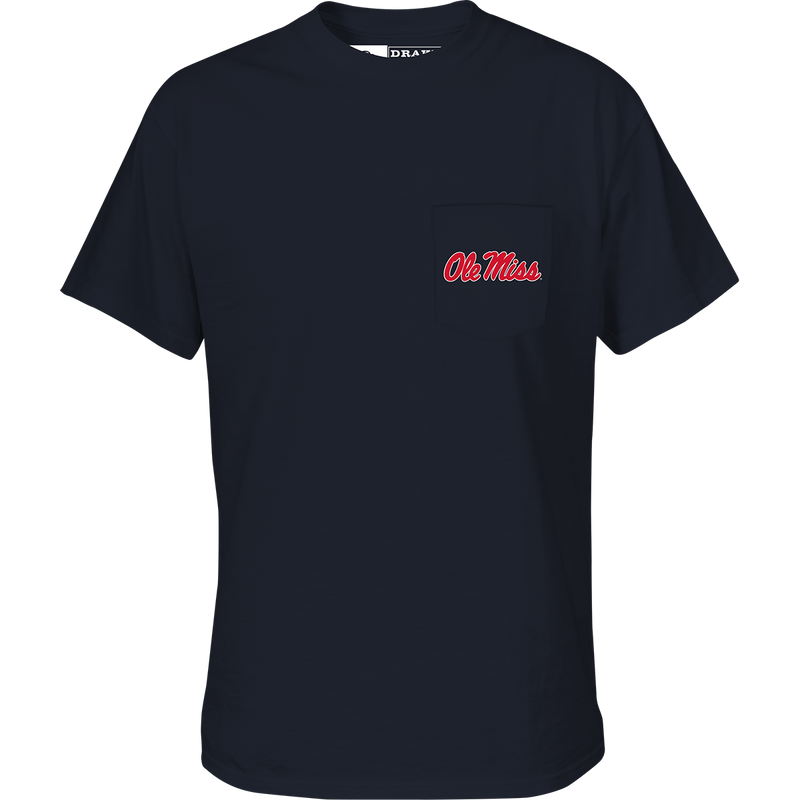 Ole Miss Black Lab T-Shirt with school logo on front pocket and black lab head scene on back with Drake Waterfowl logo.