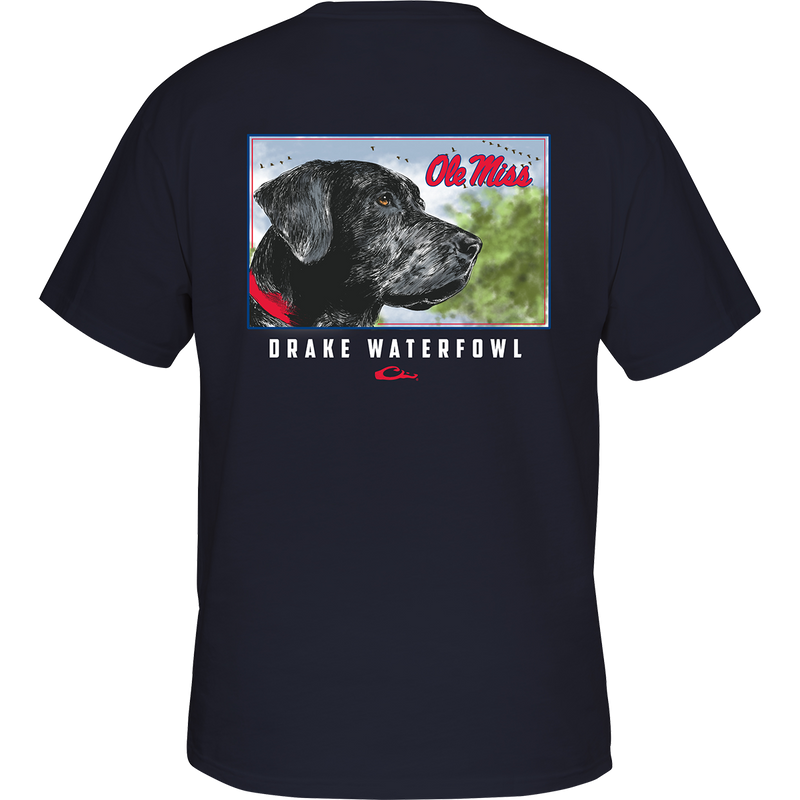 Ole Miss Black Lab T-Shirt: A black shirt with a dog graphic on the back, featuring your school's logo, name, and 
