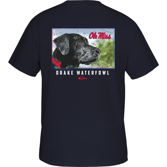 Ole Miss Black Lab T-Shirt: A black shirt with a dog graphic on the back, featuring your school's logo, name, and "Drake Waterfowl" text with the Drake duck head logo below. The front has your school's logo on the chest pocket.