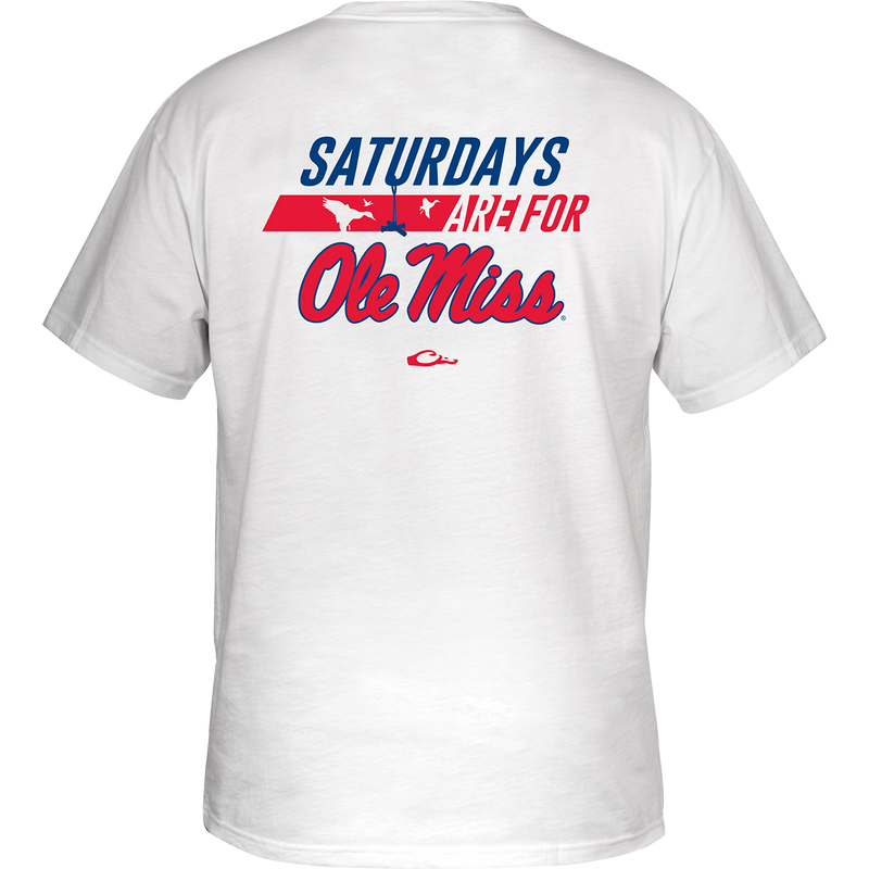 Ole Miss Saturdays T-Shirt: Back of a white shirt with stylized red and blue text featuring your school's logo. Front left chest displays Drake logo.
