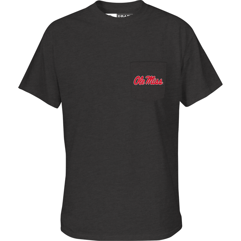 Ole Miss Cupped Up T-Shirt: A black t-shirt with a logo on the chest pocket and a stylized cupped up duck scene on the back featuring your school's logo and catch phrase.