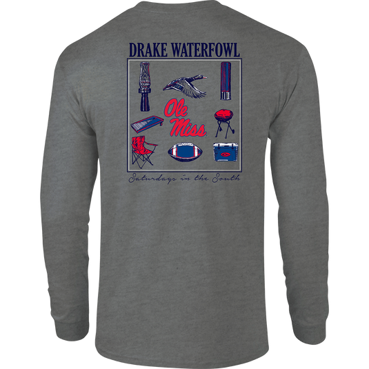 Ole Miss Sportsman T-Shirt: Back of a grey long-sleeved shirt with a stylized scene showcasing items used on "Saturdays in the South" with school's logo. Front features school's logo on chest pocket.