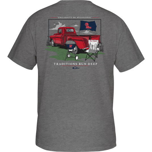 A grey t-shirt with a red truck and a chair, featuring the Ole Miss school logo pocket on the front.