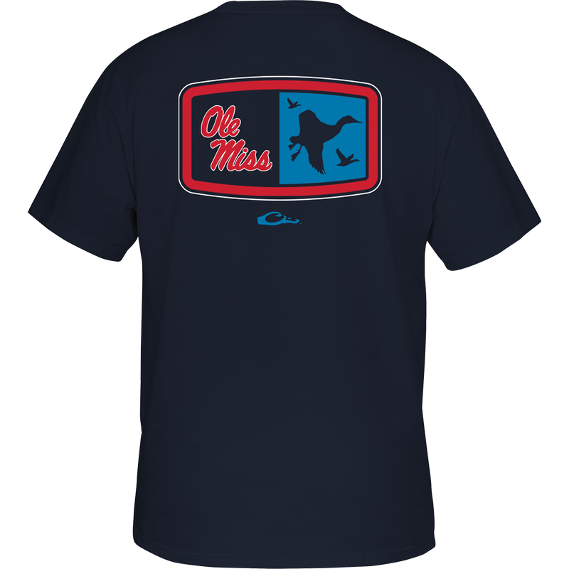 Ole Miss Drake Badge T-Shirt with logo of birds and a duck flying in the air on the back