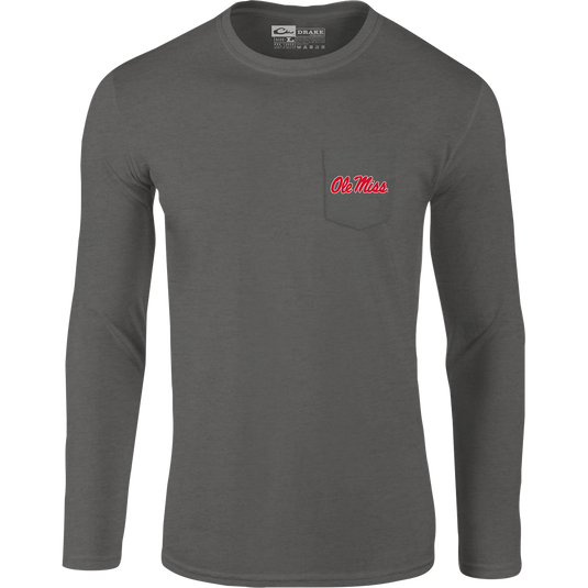 Ole Miss Drake In Flight T-Shirt: A long-sleeved shirt with a pocket and school logo on the front. Features a scenic group of ducks in-flight with a school logo graphic on the back. Lightweight and comfortable.