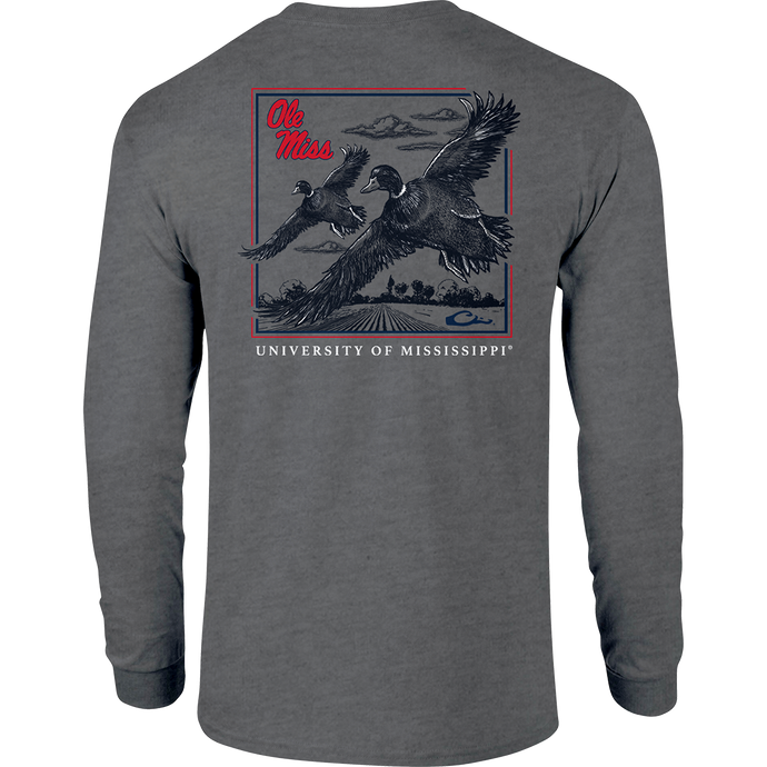 Ole Miss Drake In Flight T-Shirt: A grey long-sleeved shirt featuring birds in flight, with a pocket and school logo. 60% cotton, 40% polyester blend for softness and comfort. Lightweight at 140 GSM.