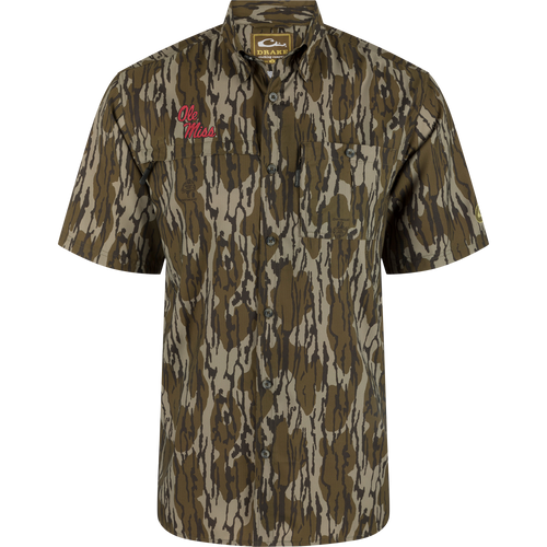 Ole Miss 8-Shot Short Sleeve Shirt in tree bark camo with camp collar, two chest pockets, embroidered logo, ideal for hunting with technical performance features.