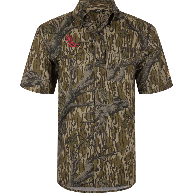 Ole Miss 8-Shot Short Sleeve Shirt with camo pattern, embroidered logo, two chest pockets, button-up design, ideal for hunting with moisture-wicking and sun protection features.
