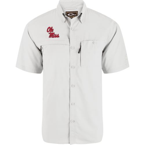 Ole Miss 8-Shot Short Sleeve Shirt with red script logo, dual chest pockets—button flap and zip entry, ideal for outdoor activities with moisture-wicking and sun protection features.