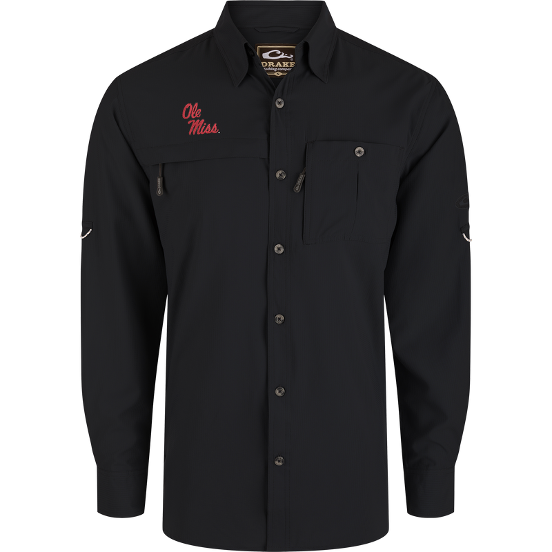 Ole Miss 8-Shot Long Sleeve Shirt with zippered chest pockets, embroidered logo, and vented back, made from lightweight, moisture-wicking Dobby fabric with built-in stretch.