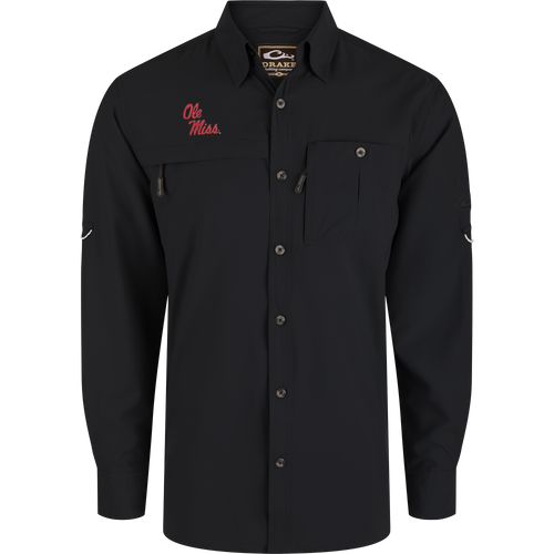 Ole Miss 8-Shot Long Sleeve Shirt with zippered chest pockets, embroidered logo, and vented back, made from lightweight, moisture-wicking Dobby fabric with built-in stretch.