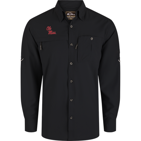 Ole Miss 8-Shot Long Sleeve Shirt with zippered chest pockets, embroidered logo, and vented back, made from lightweight, moisture-wicking Dobby fabric with built-in stretch.