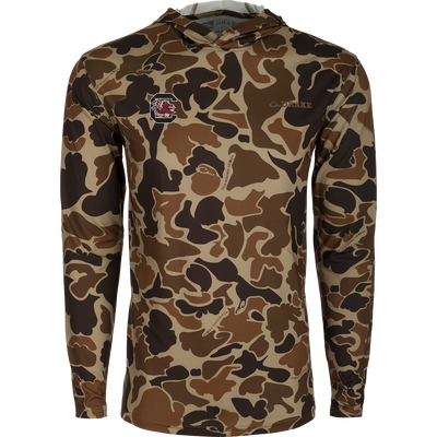 South Carolina Performance Long Sleeve Camo Hoodie with logo on lightweight fabric for all-weather wear. Built-in cooling, UPF 50, moisture-wicking, and quick-drying features.
