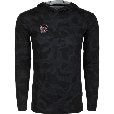 South Carolina Performance Long Sleeve Camo Hoodie with black fabric and red logo. Exceptional functionality, lightweight, and packed with performance features.