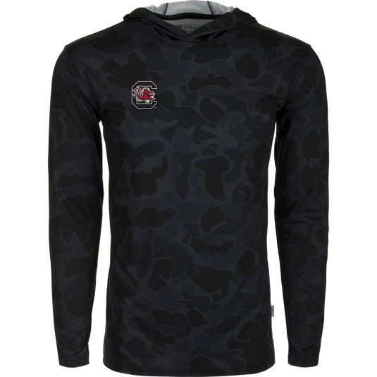South Carolina Performance Long Sleeve Camo Hoodie with black fabric and red logo. Exceptional functionality, lightweight, and packed with performance features.