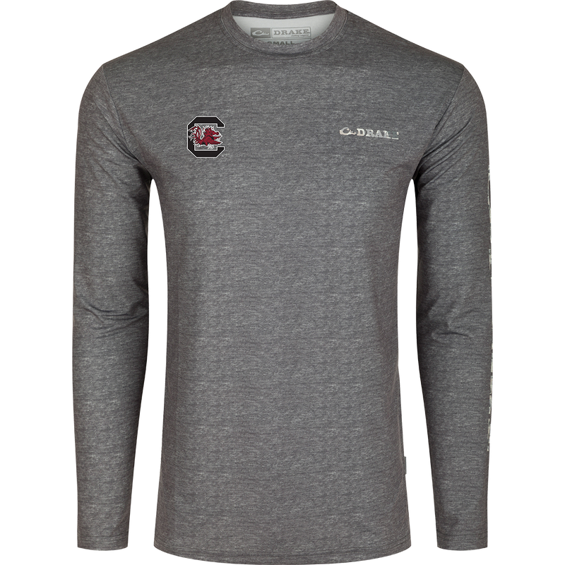 South Carolina Performance Heather Long Sleeve Crew, a lightweight, moisture-wicking shirt with UPF 50 sun protection and quick-drying fabric.