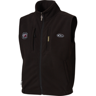 South Carolina Windproof Layering Vest with embroidered Gamecocks logo and sports brand emblem, featuring a zip front, stand-up collar, and multiple pockets for outdoor activities.