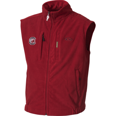 South Carolina Windproof Layering Vest with embroidered gamecock logo, featuring a full zip, chest pocket, and handwarmer pockets, designed for warmth without bulk.