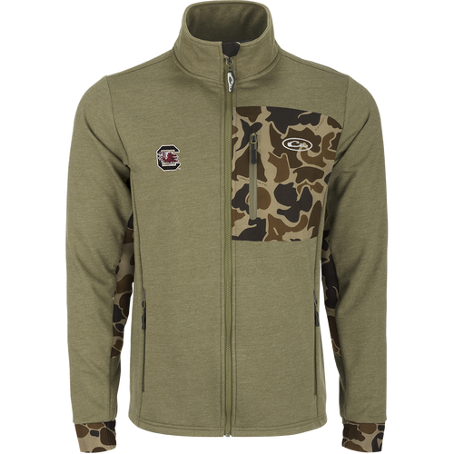 South Carolina Hybrid Windproof Jacket: Mid-weight camouflage jacket with functional left chest pocket and windproof laminate. Perfect for cool days, game day, and outdoor activities.