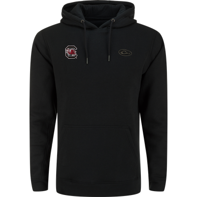 South Carolina Three End Hoodie featuring a Gamecocks logo, kangaroo pocket, and drawstring hood. Crafted from 55% BCI Cotton and 45% Polyester for comfort and durability.