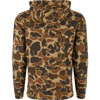 Back view of the South Carolina Three End Hoodie in camouflage print, featuring a lined hood, kangaroo pocket, and built-in stretch for hunting comfort.