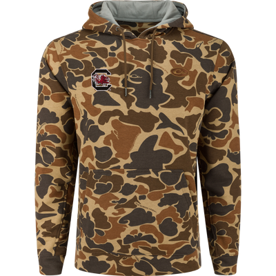 South Carolina Three End Hoodie with camo-print, featuring a kangaroo pocket, lined hood, and Gamecocks logo, ideal for hunting and casual wear.