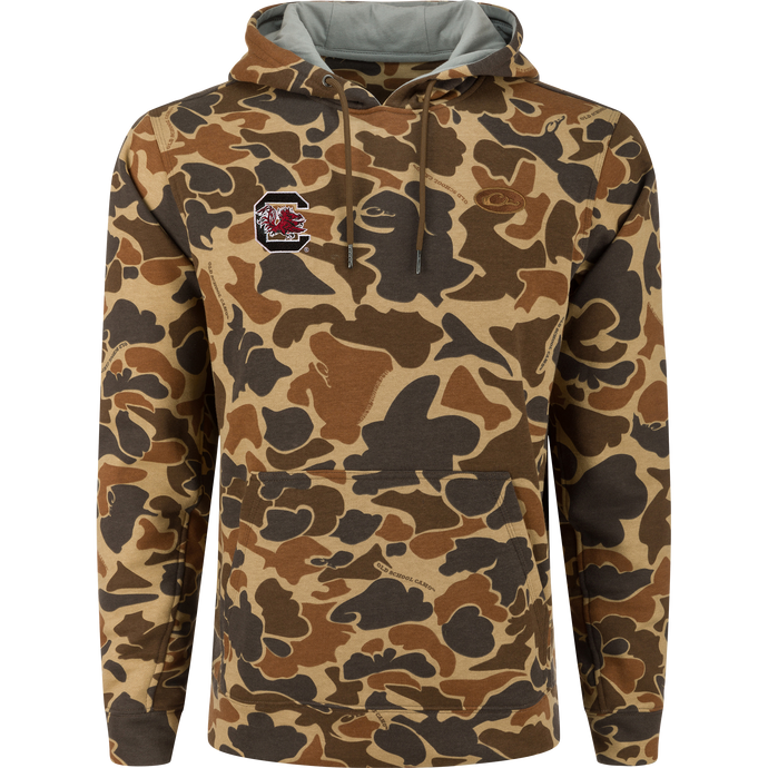 South Carolina Three End Hoodie with camo-print, featuring a kangaroo pocket, lined hood, and Gamecocks logo, ideal for hunting and casual wear.