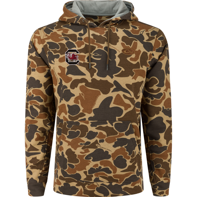 South Carolina Three End Hoodie with camo-print, featuring a kangaroo pocket, lined hood, and Gamecocks logo, ideal for hunting and casual wear.
