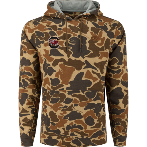 South Carolina Three End Hoodie with camo-print, featuring a kangaroo pocket, lined hood, and Gamecocks logo, ideal for hunting and casual wear.