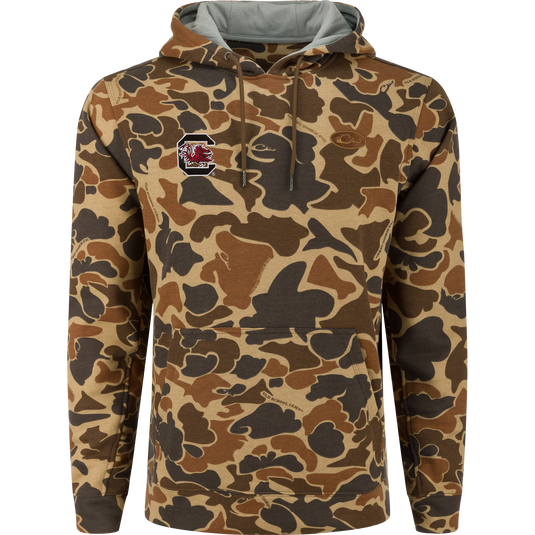 South Carolina Three End Hoodie with camo-print, featuring a kangaroo pocket, lined hood, and Gamecocks logo, ideal for hunting and casual wear.
