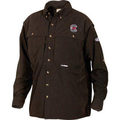 South Carolina Wingshooter's Shirt L/S with Gamecock logo, features snap-closure chest pockets, front/back ventilation, and Magnattach™ pocket, ideal for breathable, quick-drying wear.