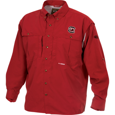 South Carolina Wingshooter's Shirt L/S with button-up design, mesh-lined vent, snap-closure chest pockets, and embroidered gamecock logo. Features include Magnattach™ pocket and sun blocker collar.