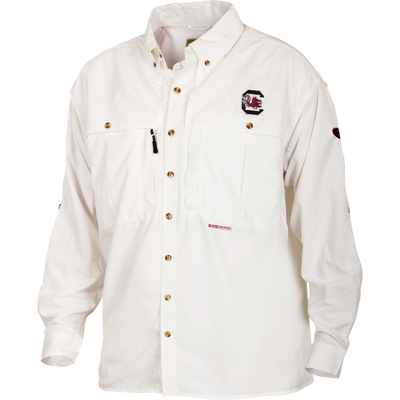 South Carolina Wingshooter's Shirt L/S with snap buttons, dual chest pockets, and embroidered logo; features ventilation for breathability and quick-drying polyester fabric.