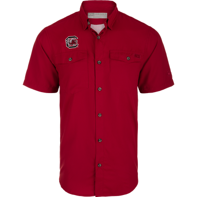 South Carolina Frat Dobby Solid Short Sleeve Shirt: A red shirt with a logo, hidden button-down collar, and button-through flap chest pockets.