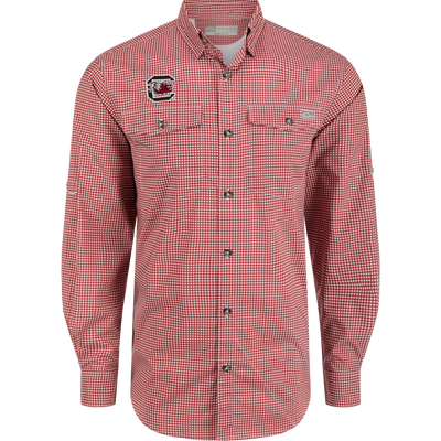 South Carolina Frat Gingham shirt with hidden button-down collar, flap chest pockets, and adjustable roll-up sleeves.