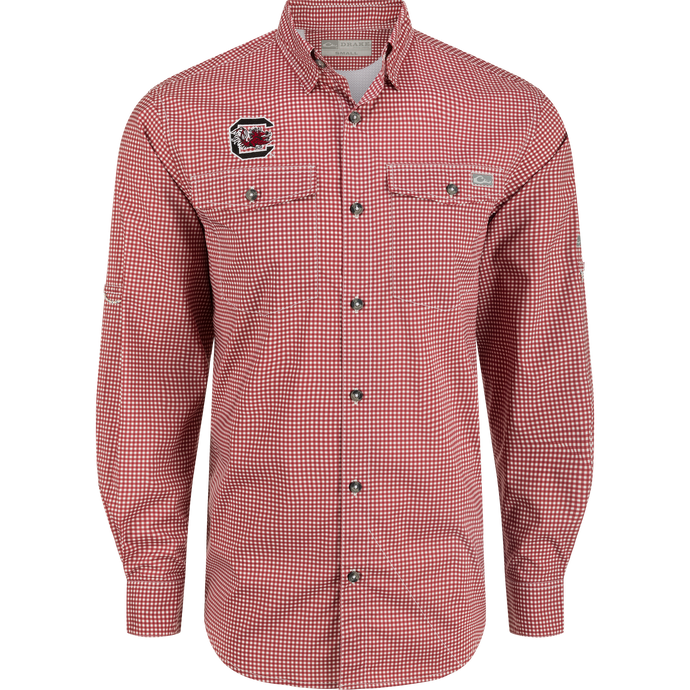 South Carolina Frat Gingham shirt with hidden button-down collar, flap chest pockets, and adjustable roll-up sleeves.