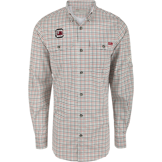 South Carolina Frat Tattersall Long Sleeve Shirt, featuring classic fit, hidden button-down collar, and vented cape back.