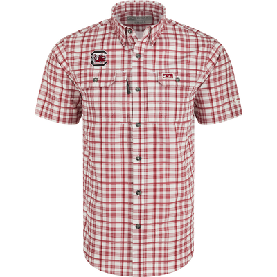 South Carolina Hunter Creek Windowpane Plaid Shirt: Lightweight, moisture-wicking, and UPF30 sun protection. Classic fit with hidden button-down collar and chest pockets.