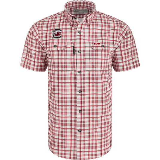 South Carolina Hunter Creek Windowpane Plaid Shirt: Lightweight, moisture-wicking, and UPF30 sun protection. Classic fit with hidden button-down collar and chest pockets.