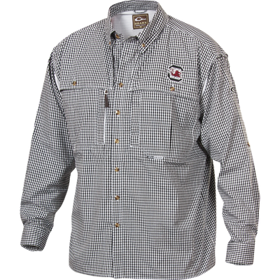 South Carolina Plaid Wingshooter's Shirt, black-and-white gingham, with chest pockets, wood-tone buttons, sun-protective collar, and South Carolina logo embroidered on the left chest.