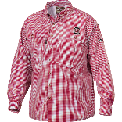 South Carolina Plaid Wingshooter's Shirt Long Sleeve, featuring red-and-white gingham, embroidered Gamecock logo, front and back ventilation, and multiple functional pockets.