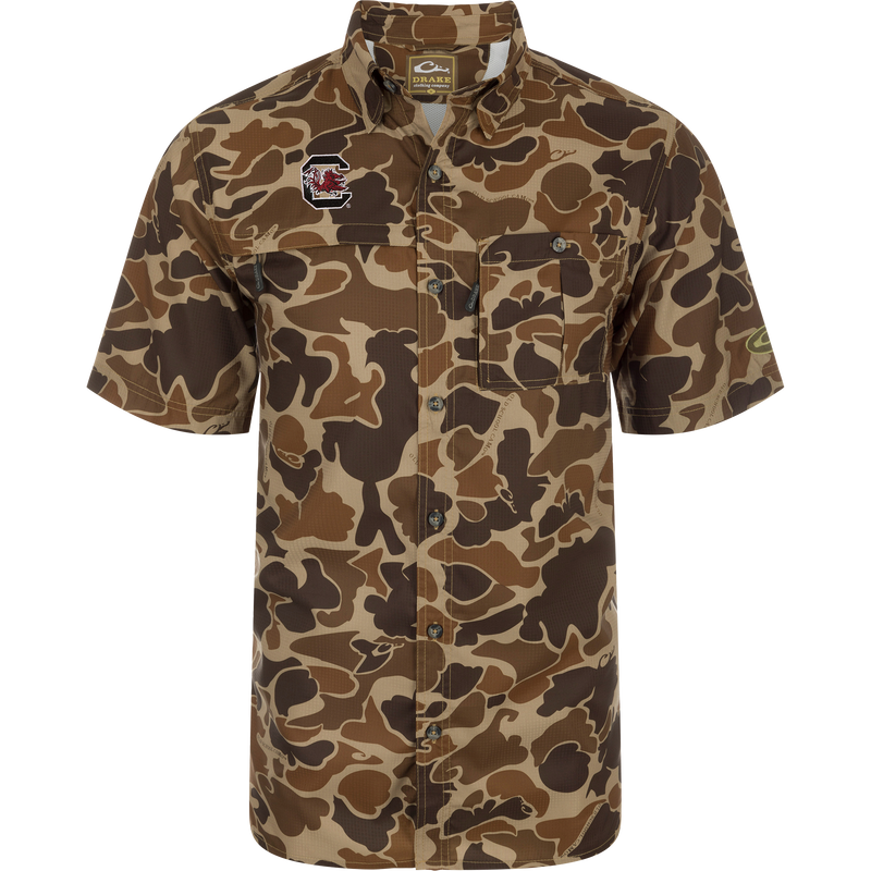 South Carolina 8-Shot Short Sleeve Shirt with University of South Carolina logo, button-front, camo pattern, featuring vented back and dual zippered chest pockets.