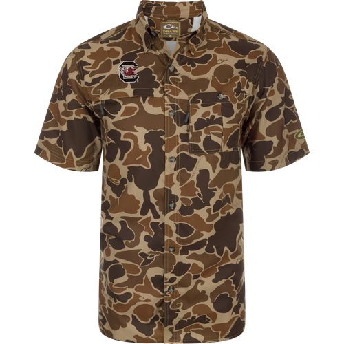 South Carolina 8-Shot Short Sleeve Shirt with University of South Carolina logo, button-front, camo pattern, featuring vented back and dual zippered chest pockets.