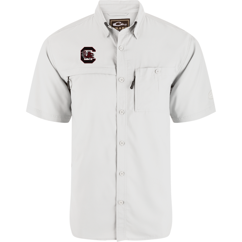 South Carolina 8-Shot Short Sleeve Shirt with chest pockets, Gamecocks logo, button-down collar, vented cape back; designed for moisture-wicking and sun protection.